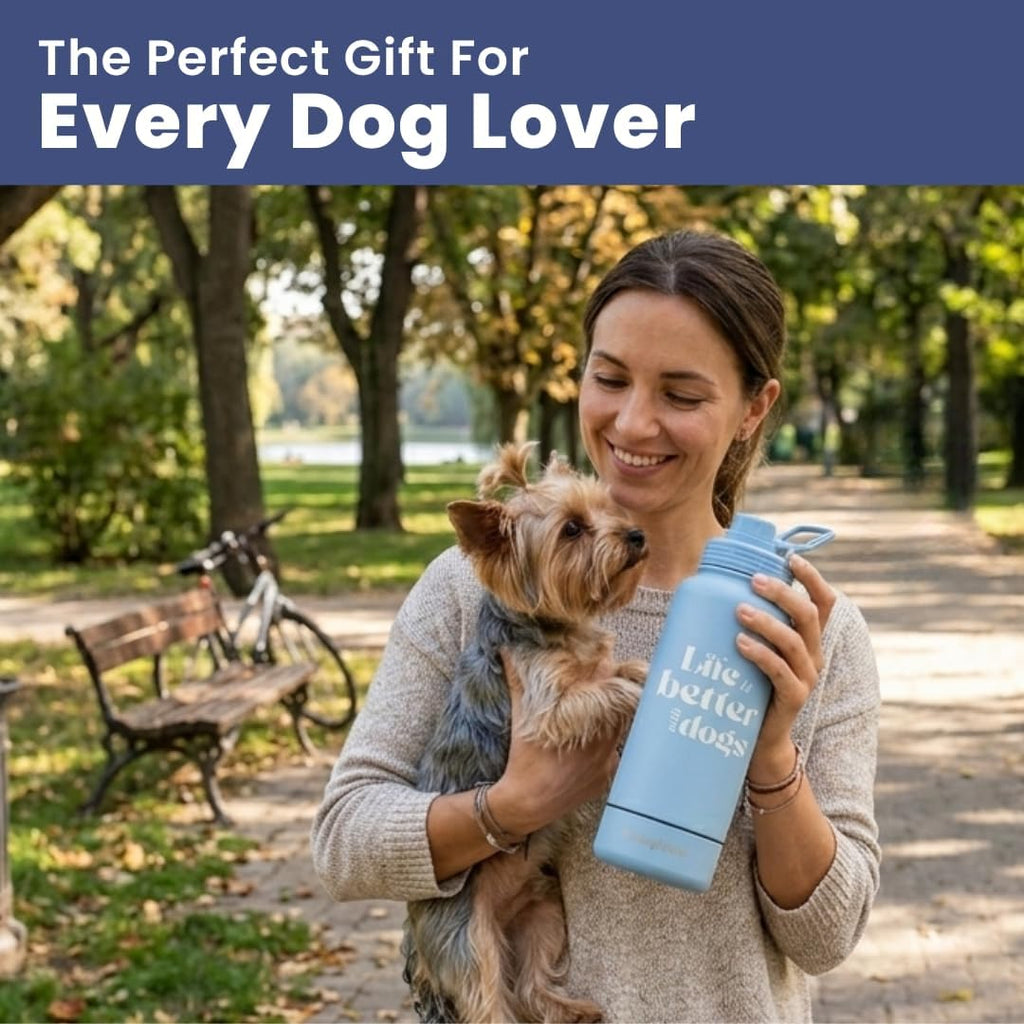 Rubyloo Dog Water Bottle w/Detachable Bowl for Dog Lovers, Life is Better | 32oz Insulated Stainless Steel Bottle, 8oz Detachable Bowl, Leak-Proof Lid, BPA-Free, Hiking, Walking, Travel, Gift