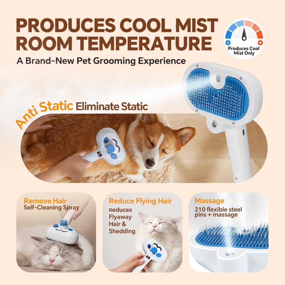 Pet Steam Brush Mist Spray, Grooming shedding Tool, Steam Brush for Dog Cat