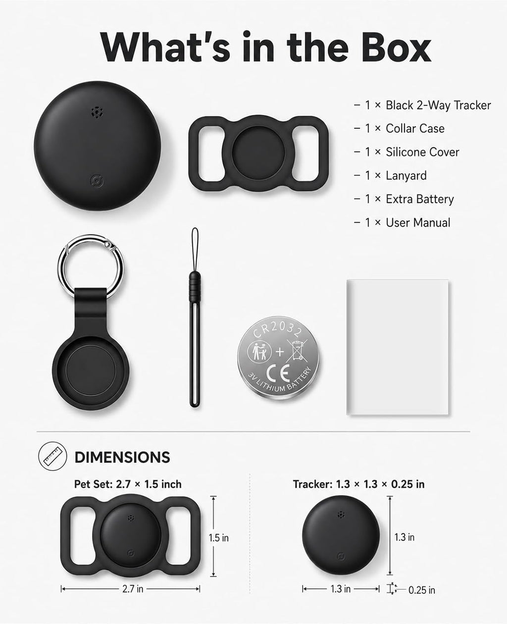 GPS Tracker for Dogs and Cats, iOS & Android, Real-Time Tracking (Pearl Black)