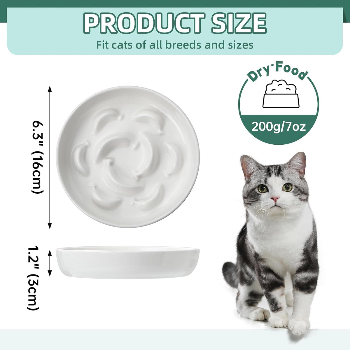 Ceramic Slow Feeder Cat Bowl, 6.3'' Wide Whisker Friendly Cat Puzzle Feeder | Slow Eating 5x, Anti Vomit Shallow Slow Eating Cat Dish for Dry and Wet Food, Microwave and Dishwasher Safe, 6.3" X 1.2"