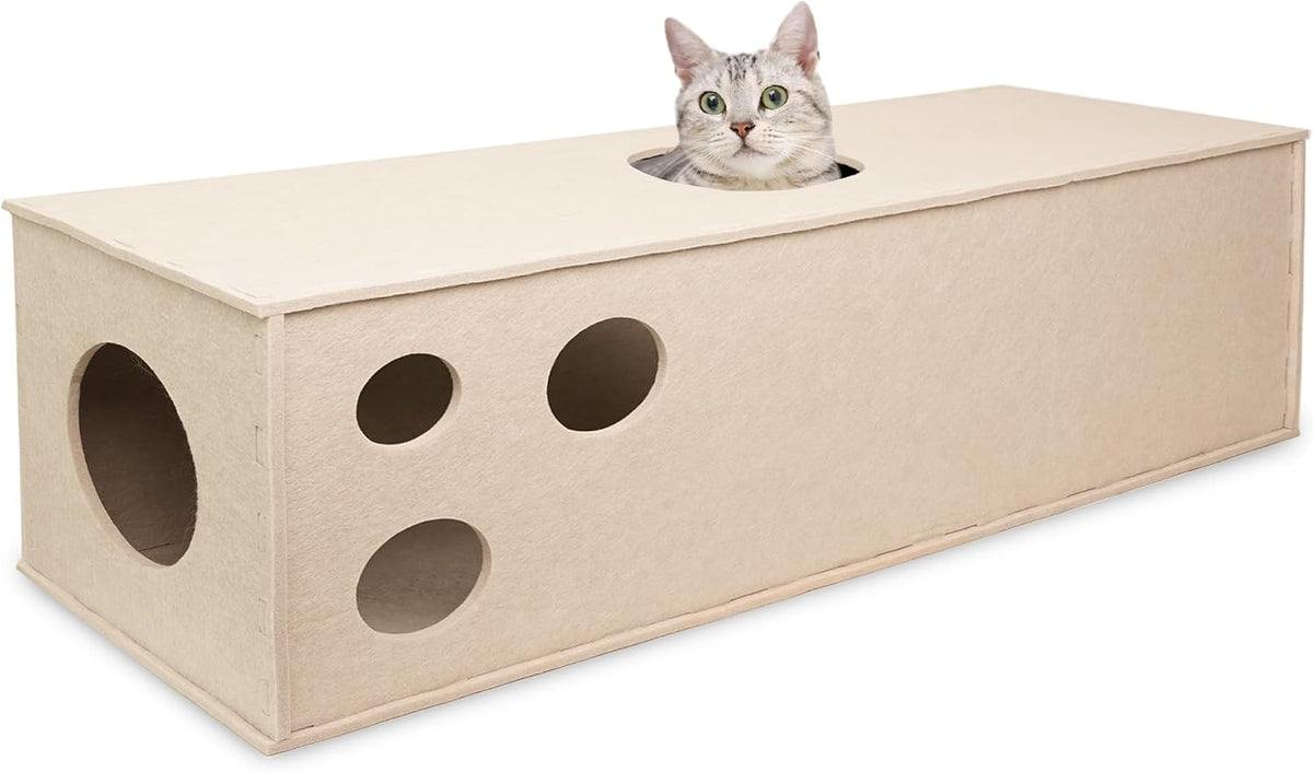 PETKARAY Cat Tunnel, Original Cat Hideaway Cave for Indoor Cats, Large Kitten Play Tubes and Tunnels, Soft Felt Cat Toy with Interactive Peek Hole, Beige Straight