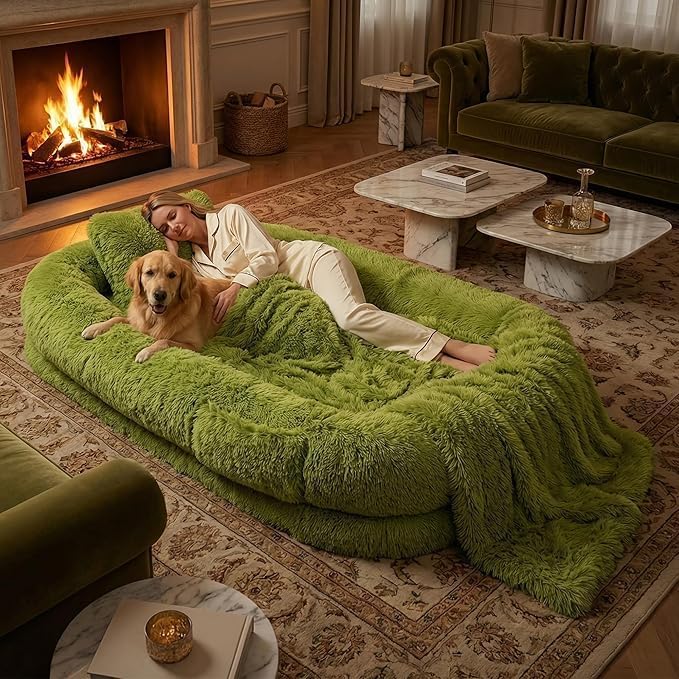 Human Dog Bed, Oversized Plush Lounger Bed with Plump Pillow and Blanket
