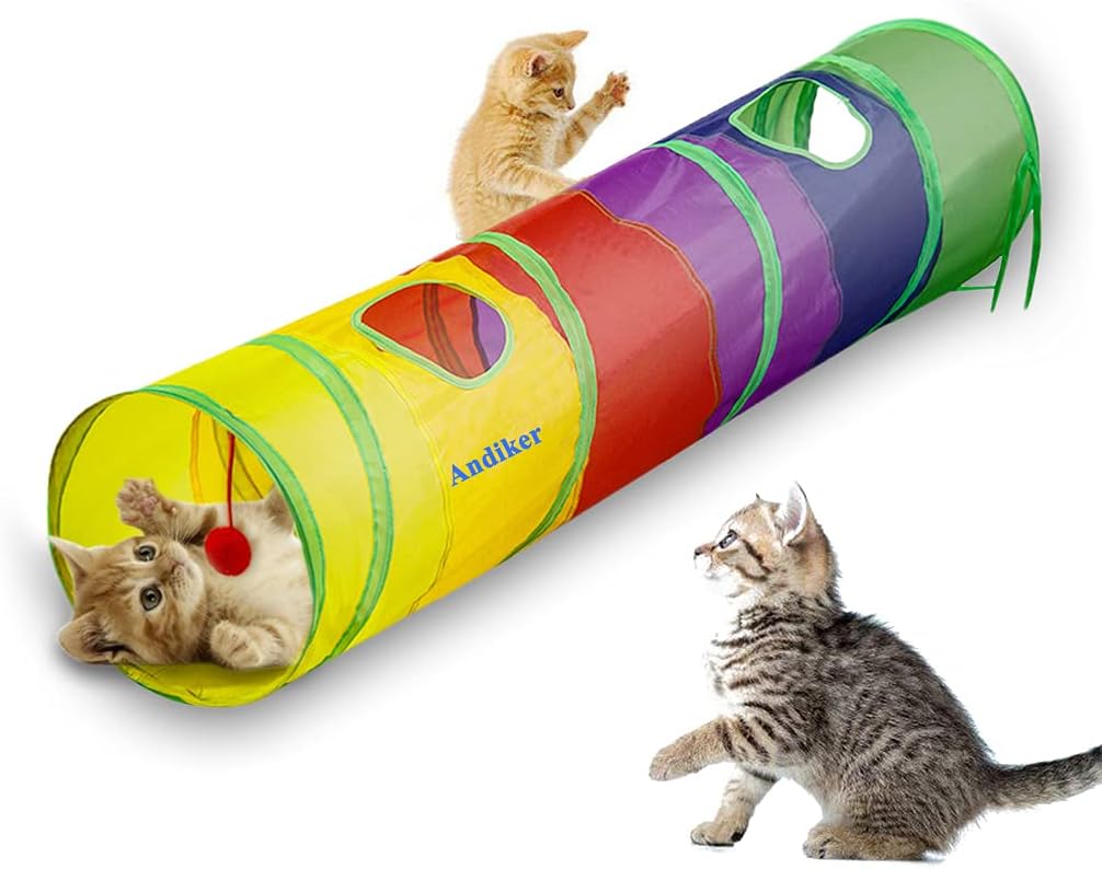 Andiker Cat Tunnel for Indoor Cats, 45" Long Rainbow Collapsible Kitten Tube with a Fun Ball and 2 Holes Cat Play Tunnel, Rabbit Tunnel for Kittens Exercising Hiding Training and Running(Colorful)