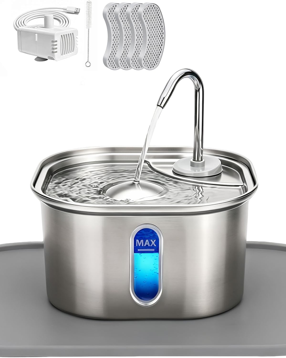 Cat Water Fountain Stainless Steel for Cats Indoor 2.5L 85oz by BPA-free SUS304, Effective 6-Layer Filter Cat Fountain for Drinking 20dB Ultra Quiet Metal Pet Water Fountain (Fountain108oz+4Filters+Mat)