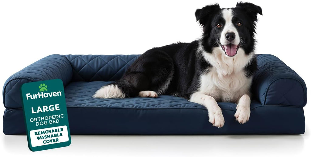 FurHaven Classic Sofa Orthopedic Dog Bed for Large Dogs with Egg Crate with a Solid Orthopedic Foam Base for Joint Support, Removable Washable Cover, Large, Quilted Sofa, Navy (Blue)