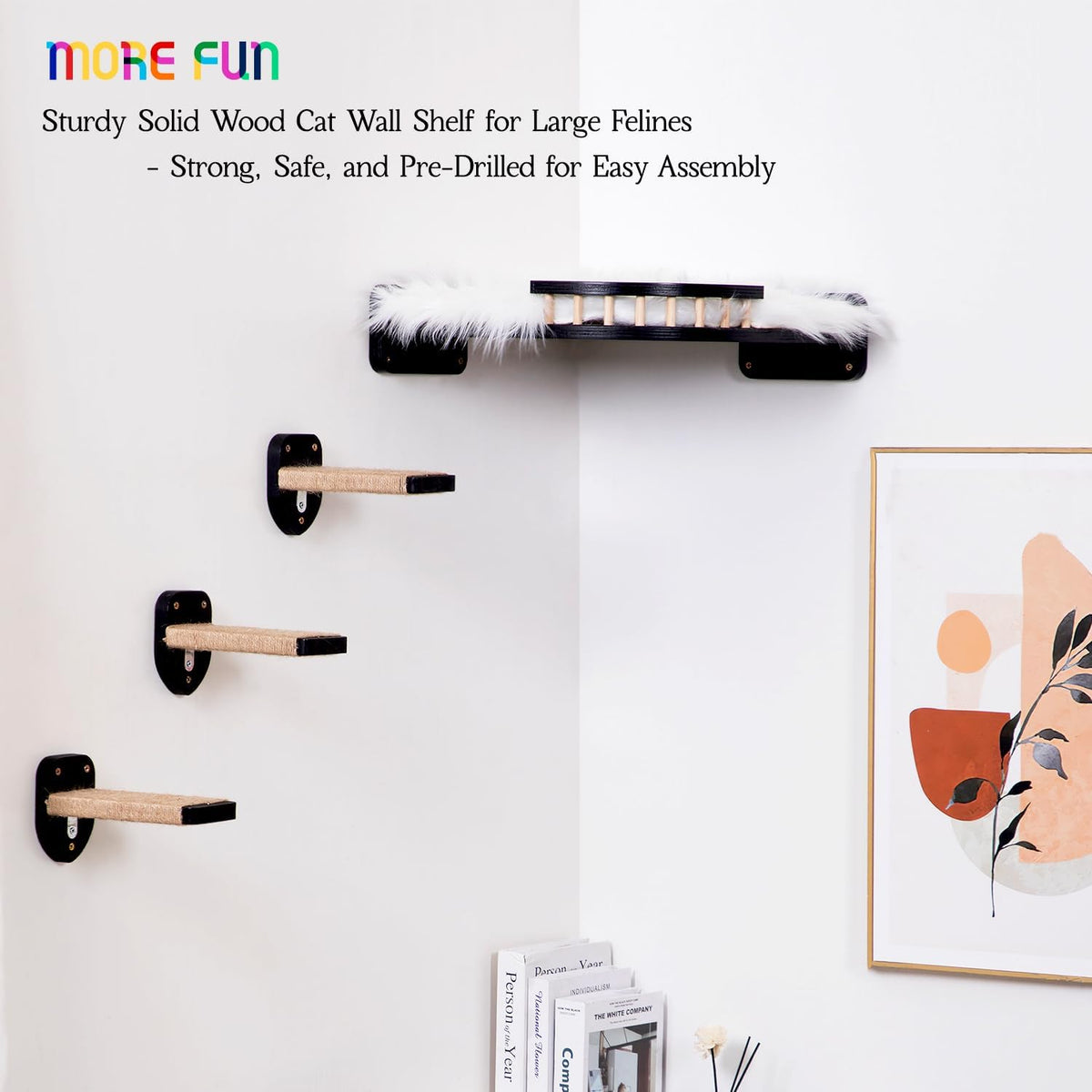 Cat Shelves - 3-Step Wall Climbing Set with Plush Covered Bed, Corner Mounted for Large Cats