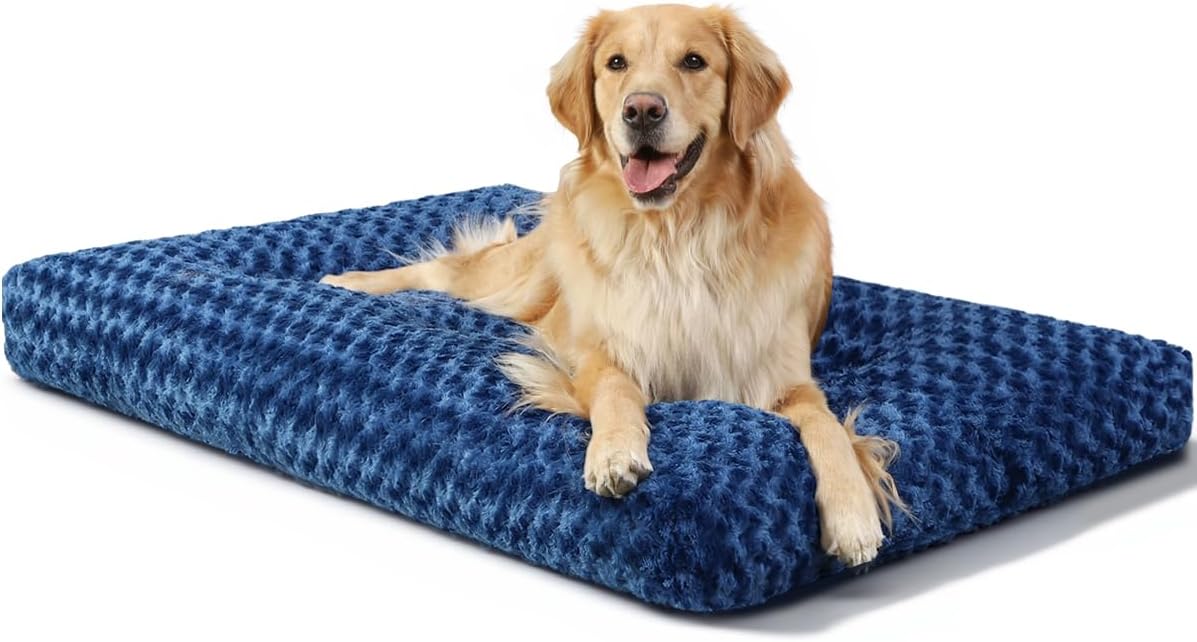 KSIIA Washable Dog Beds Large Sized Dog Crate Bed Plush Mat 47"x29" Blue