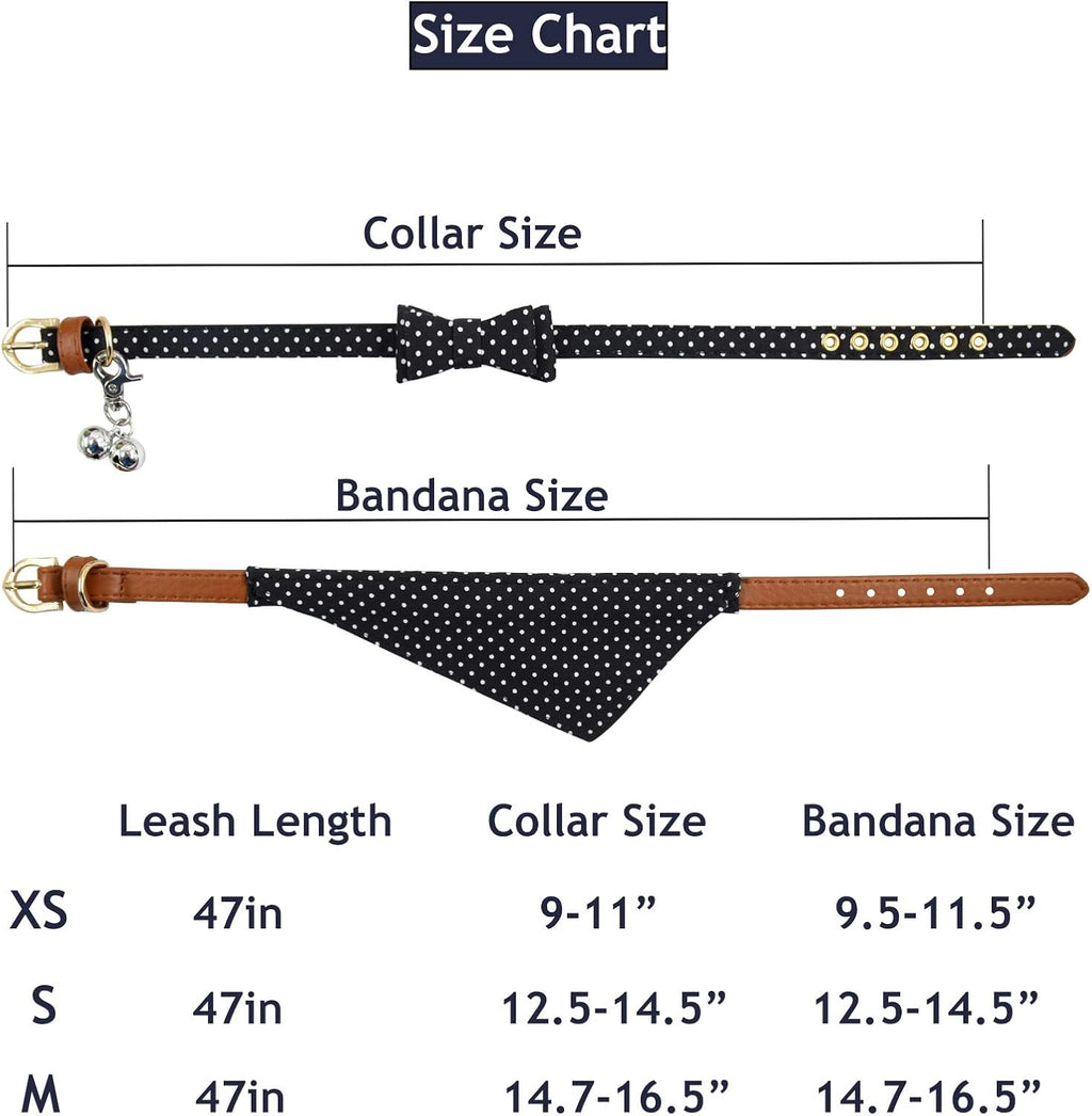 3PCS Bow Tie Dog Collar and Leash Set Plaid/Camo/Dots/Flower Dog Bandanas with Bell 3 Size Adjustable for Small Dogs Puppies and Cats (XS, Black Dots)