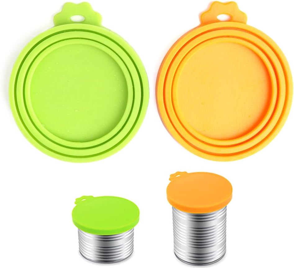 Comtim Pet Food Can Cover Silicone Can Lids for Dog and Cat Food(Universal Size,One fit 3 Standard Size Food Cans),Green and Orange 