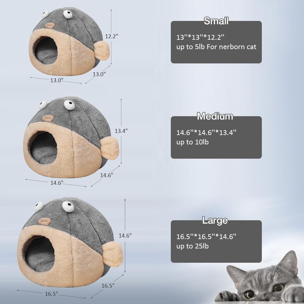Cat Beds for Indoor Cats-Cat Bed Cave,Cute Lively Pufferfish shape,Grey L