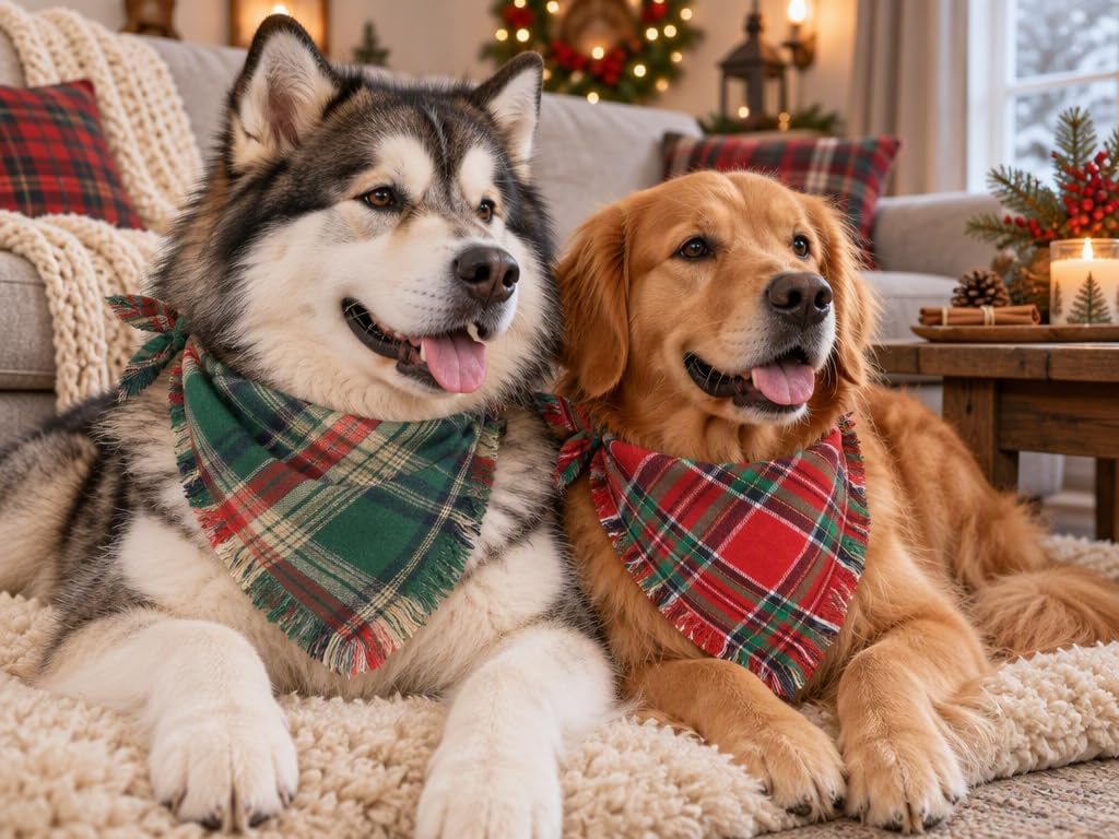Christmas Dog Bandanas 2PCS-Large,Red-Green Plaid Scarf w/Tassels for Dogs