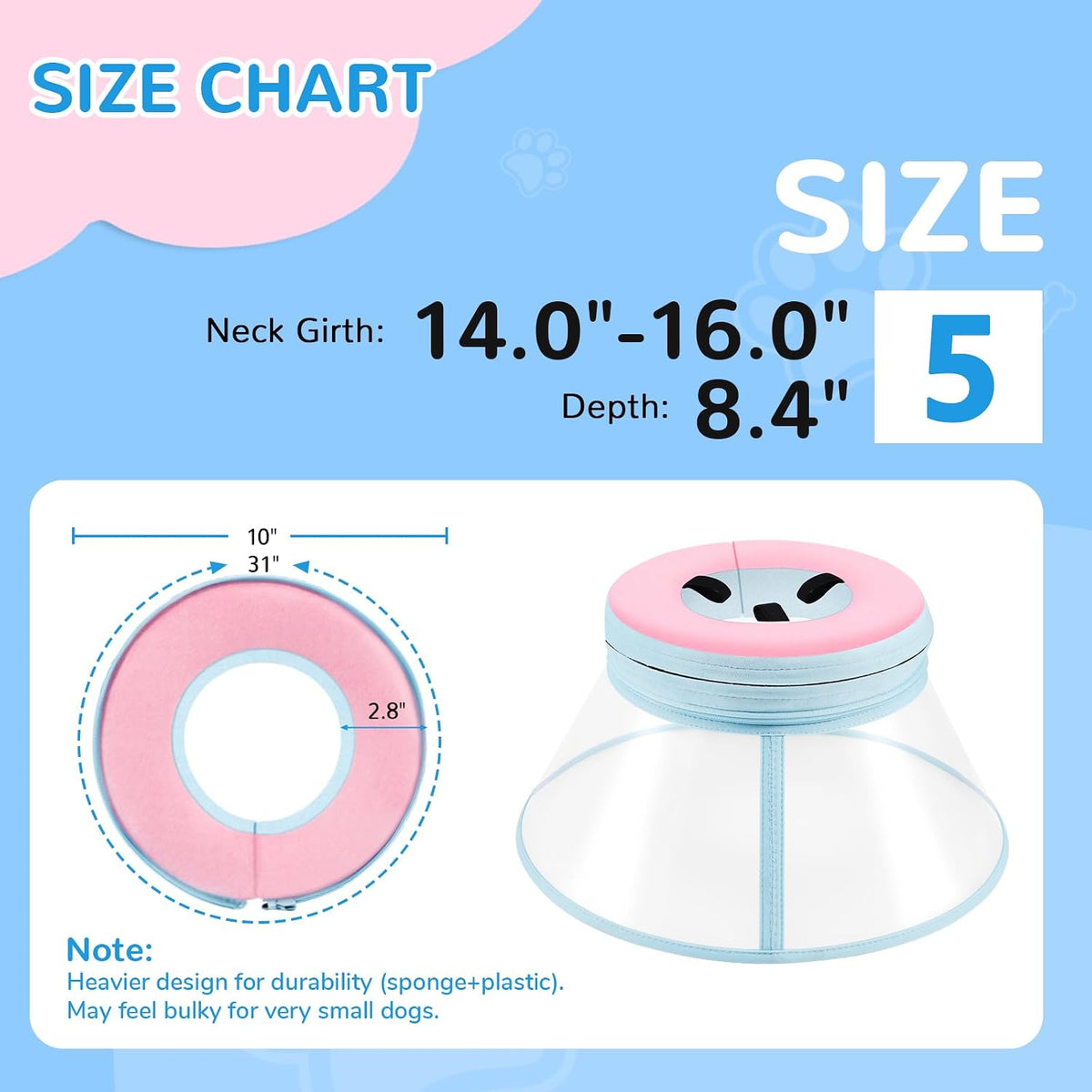 Sponge Core Dog Cone, Inflatable Dog Cone Collar Alternative, Dogs Donut Collar After Surgery, Soft Cone for Large Medium Small Dogs to Stop Licking, No Inflation Required, Clear View(Size 5, Pink)