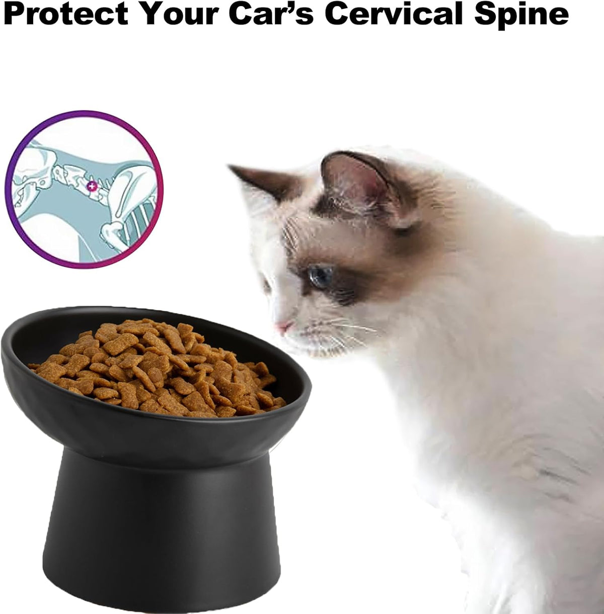 Elevated Cat Bowls, 15° Tilted Ceramic Raised Cat Food and Water Bowl Set, Whisker-Friendly Porcelain Pet Feeder Dishes for Indoor Cats and Small Dogs,Black,6.2 Inch,2 Pack