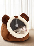 Cat Beds for Indoor Cats -Bear Animal-Shaped Cat Cave Bed with Toy ,Brown L