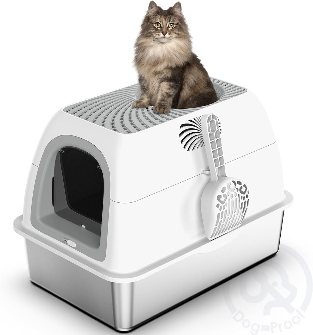 SuzziPaws Stainless Steel Litter Box Top-Entry Dog-Proof for Multi-Cats | XL Grey Hooded Lid with Filter & Scoop, Anti-Leakage Enclosed High-Sided Metal Pan for Low-Tracking & Easy Cleaning