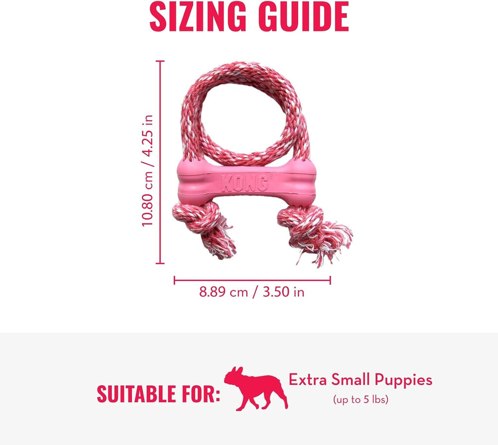 KONG Puppy Goodie Bone with Rope, Natural Rubber, for XS Puppies, Pink | KONG Natural Rubber Bone with a Cotton Rope for Teeth Cleaning & Engaging Chew Play for Growing, Teething Puppies