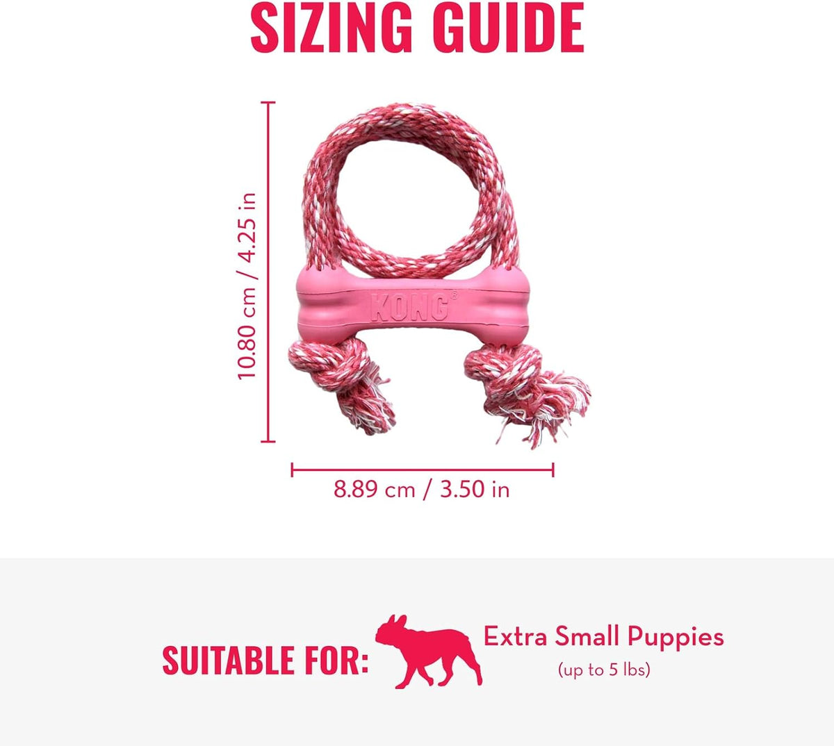 KONG Puppy Goodie Bone with Rope, Natural Rubber, for XS Puppies, Pink | KONG Natural Rubber Bone with a Cotton Rope for Teeth Cleaning & Engaging Chew Play for Growing, Teething Puppies