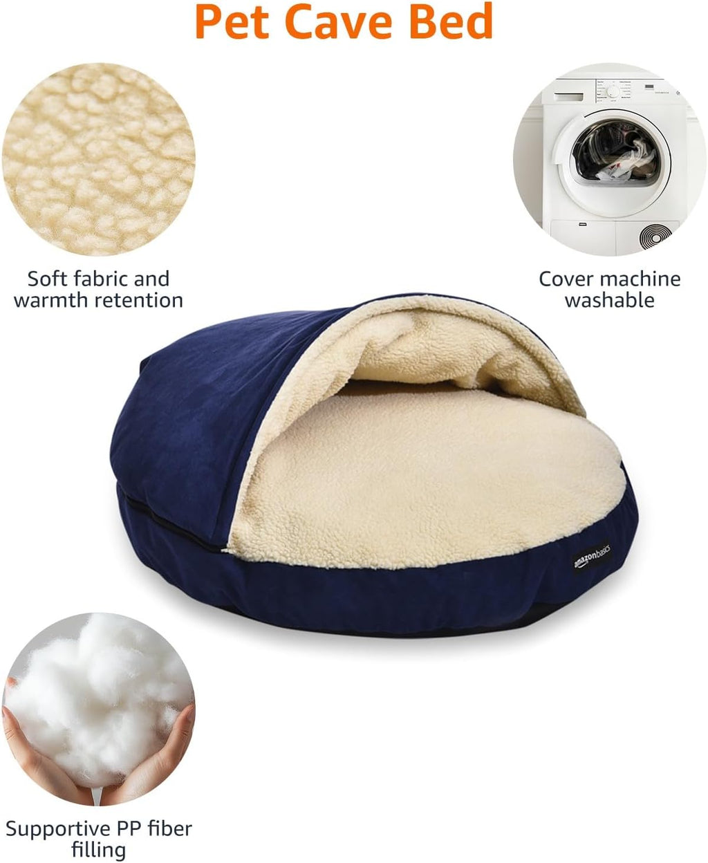 AmazonBasics Anti-Anxiety Calming Burrow Pet Cave Bed for Small and Medium Dogs, with Removable Nesting Cave Cover, Fits up to 35lbs Pets, 30 x 30 x 12.5 inches, Blue