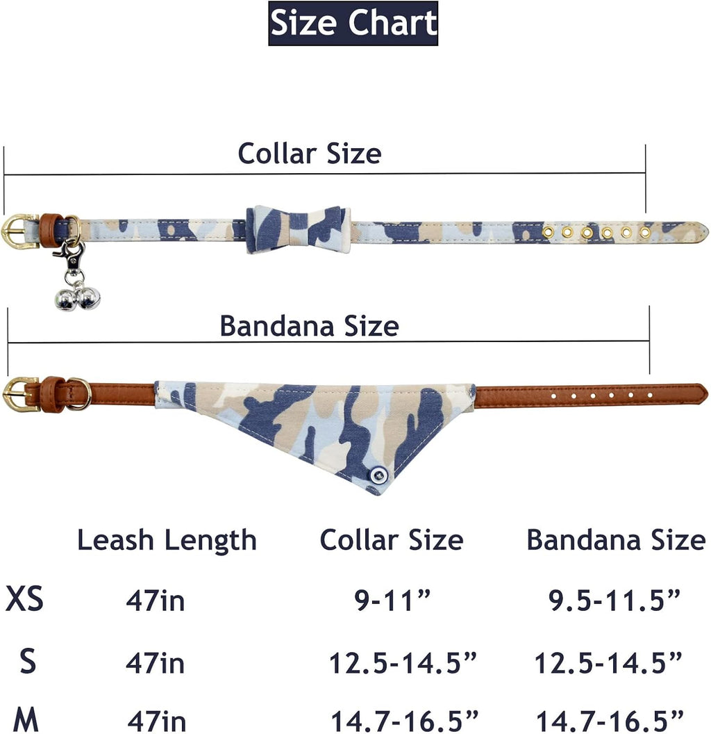 3PCS Bow Tie Dog Collar and Leash Set Plaid/Camo/Dots/Flower Dog Bandanas with Bell 3 Size Adjustable for Small Dogs Puppies and Cats (S, Camo 3)