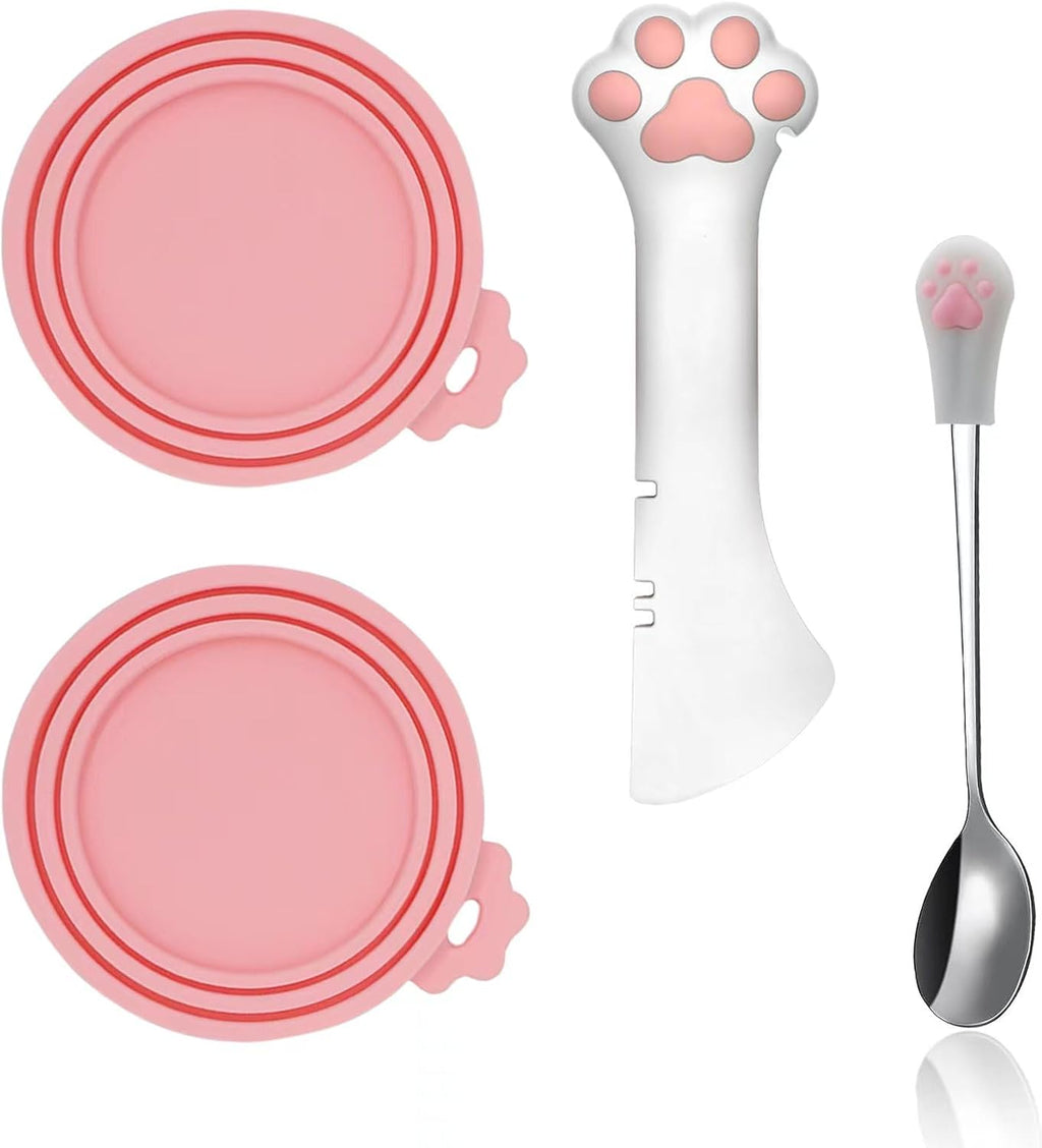 SJANE Cat Food Can Spoons & Can Lids | 4 Pcs | Multi-function Opener | Silicone Pet Food Covers | Stainless Steel Wet Food Spoon for Cats and Dogs(Pink)