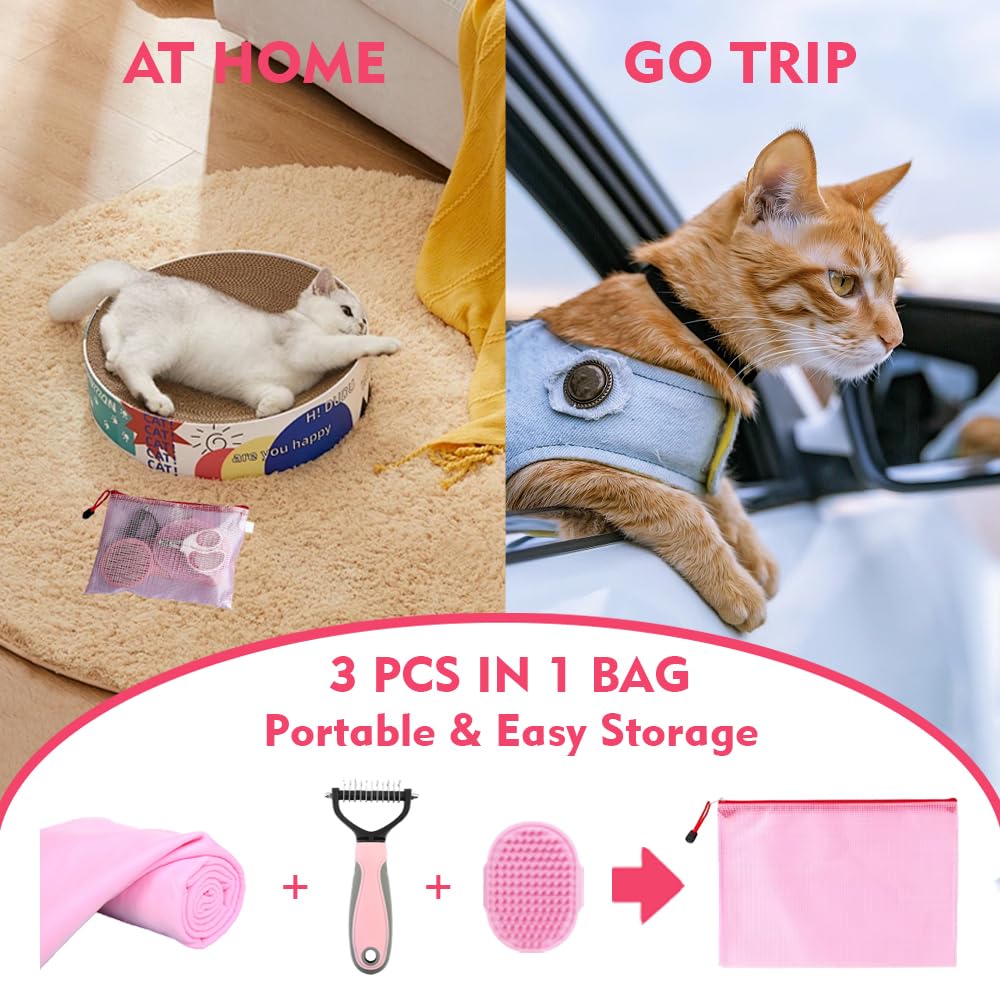 Cat Brush for Grooming Pink Towel