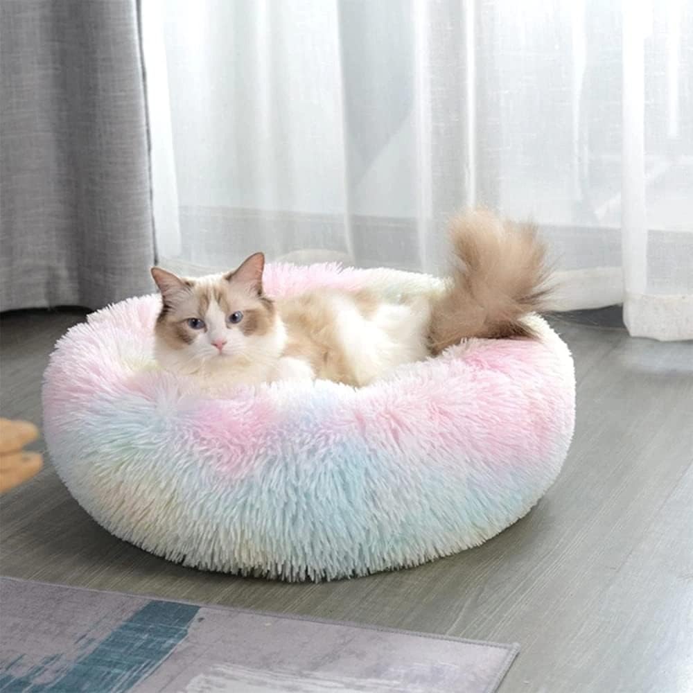Cat Bed for Indoor Cats and Small Medium Dogs - Washable 20/24 Inches, Anti-Anxiety Round Fluffy Plush Faux Fur, Thick Bottom (Rainbow, Medium)