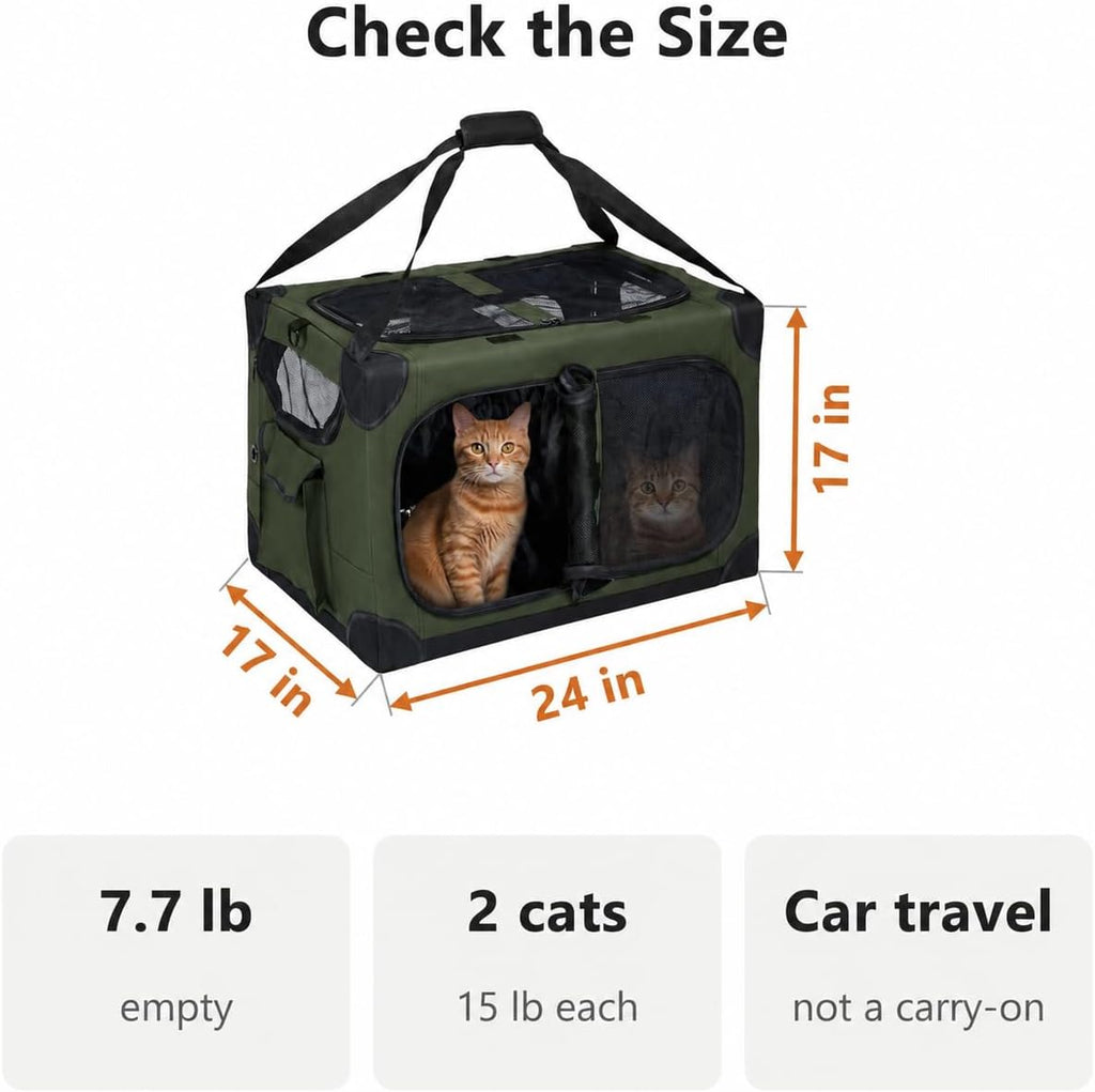 Large Cat Carrier for 2 Cats, 24x17x17 in, Metal Frame, Green