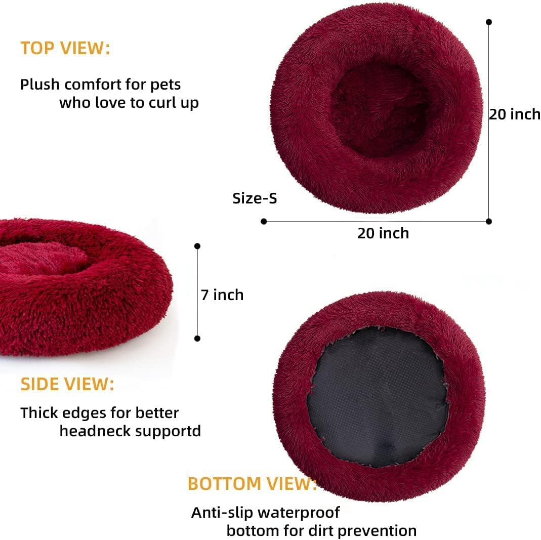 Cat Beds for Indoor Cats - Cat Bed Washable 24 inches, Dog Beds for Small Medium Dogs, Anti Anxiety Round Fluffy Plush Faux Fur Cat Bed, Thick Bottom (Red, Large 24" L x 24" W)