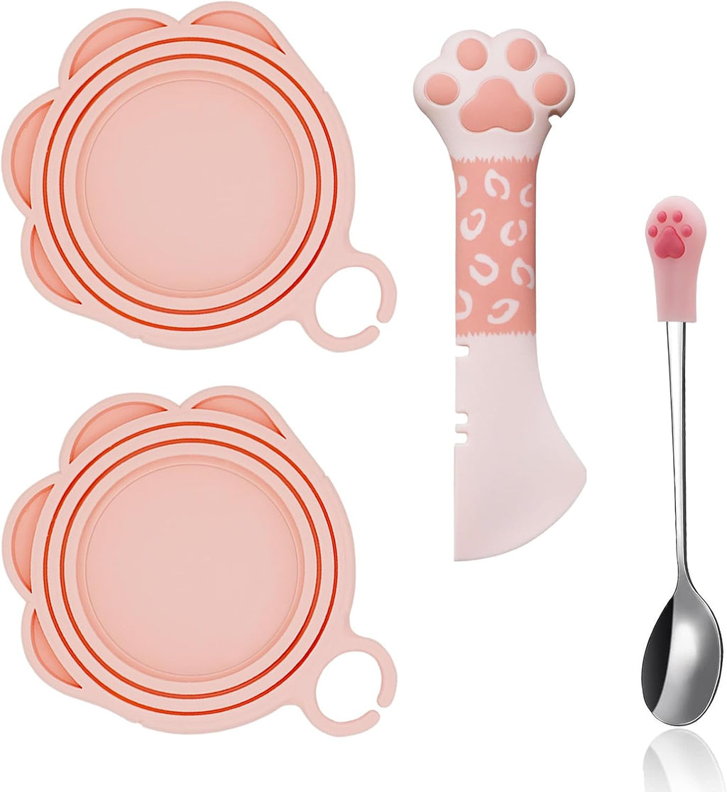 SJANE 4 Pcs Cat Food Can Spoon & Can Covers | Cute Paw Silicone Pet Food Opener Spatula & Lids | Stainless Steel Wet Food Spoon for Cats and Dogs(Pink)