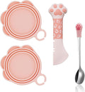 SJANE 4 Pcs Cat Food Can Spoon & Can Covers | Cute Paw Silicone Pet Food Opener Spatula & Lids | Stainless Steel Wet Food Spoon for Cats and Dogs(Pink)
