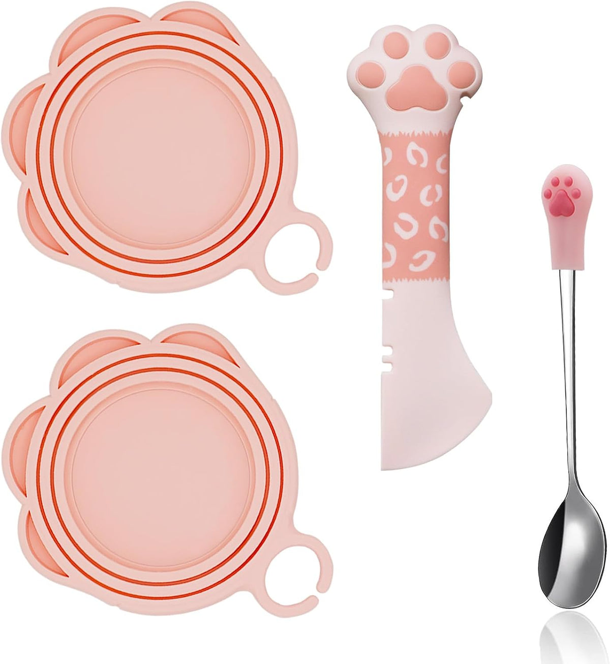SJANE 4 Pcs Cat Food Can Spoon & Can Covers | Cute Paw Silicone Pet Food Opener Spatula & Lids | Stainless Steel Wet Food Spoon for Cats and Dogs(Pink)
