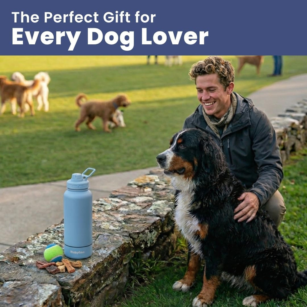 Rubyloo Dog Water Bottle with Detachable Bowl for Dog Lovers, Dusty Blue | 32oz Insulated Stainless Steel Bottle, 8oz Detachable Bowl, Leak-Proof Lid, BPA-Free, Hiking, Walking, Travel, Gift
