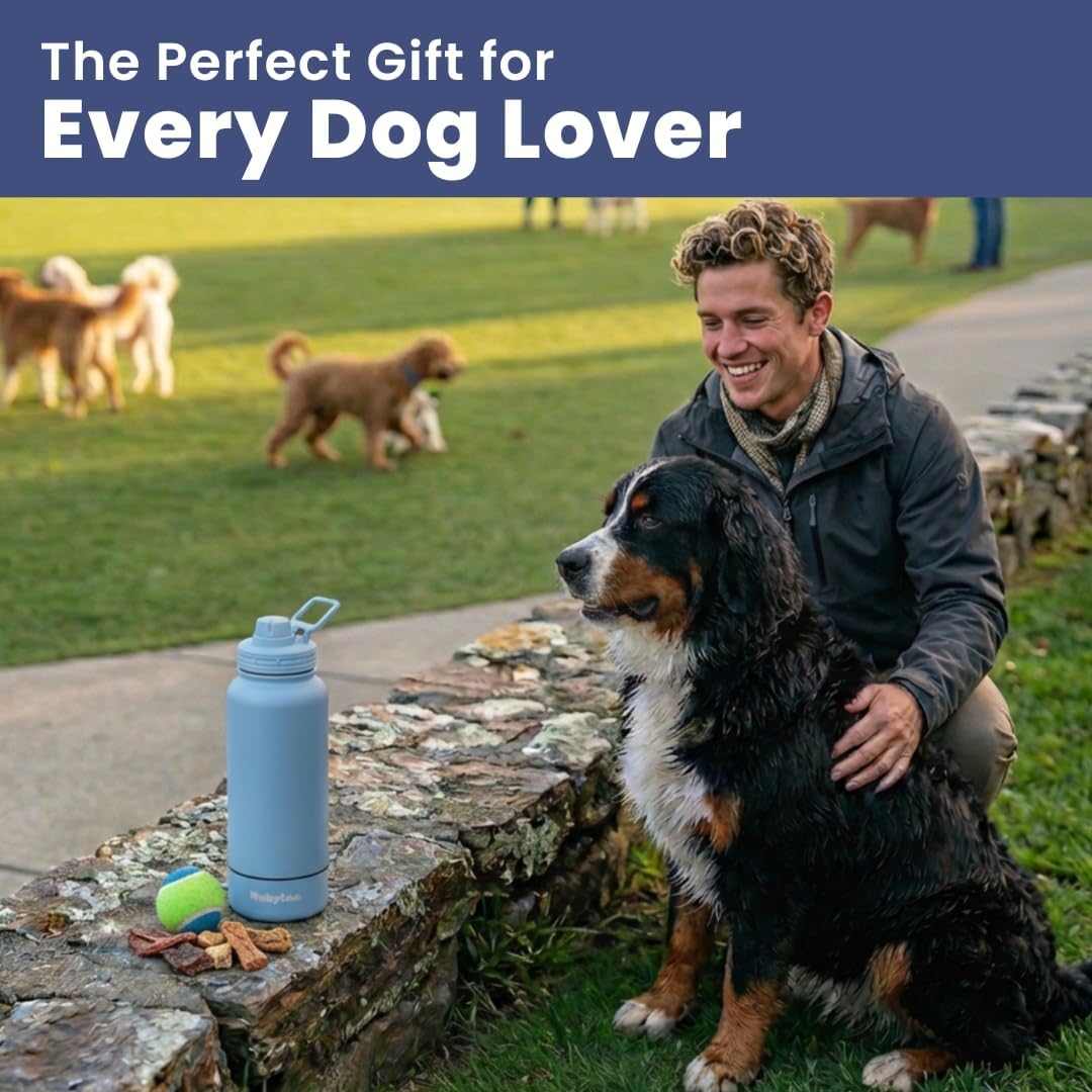 Rubyloo Dog Water Bottle with Detachable Bowl for Dog Lovers, Dusty Blue | 32oz Insulated Stainless Steel Bottle, 8oz Detachable Bowl, Leak-Proof Lid, BPA-Free, Hiking, Walking, Travel, Gift