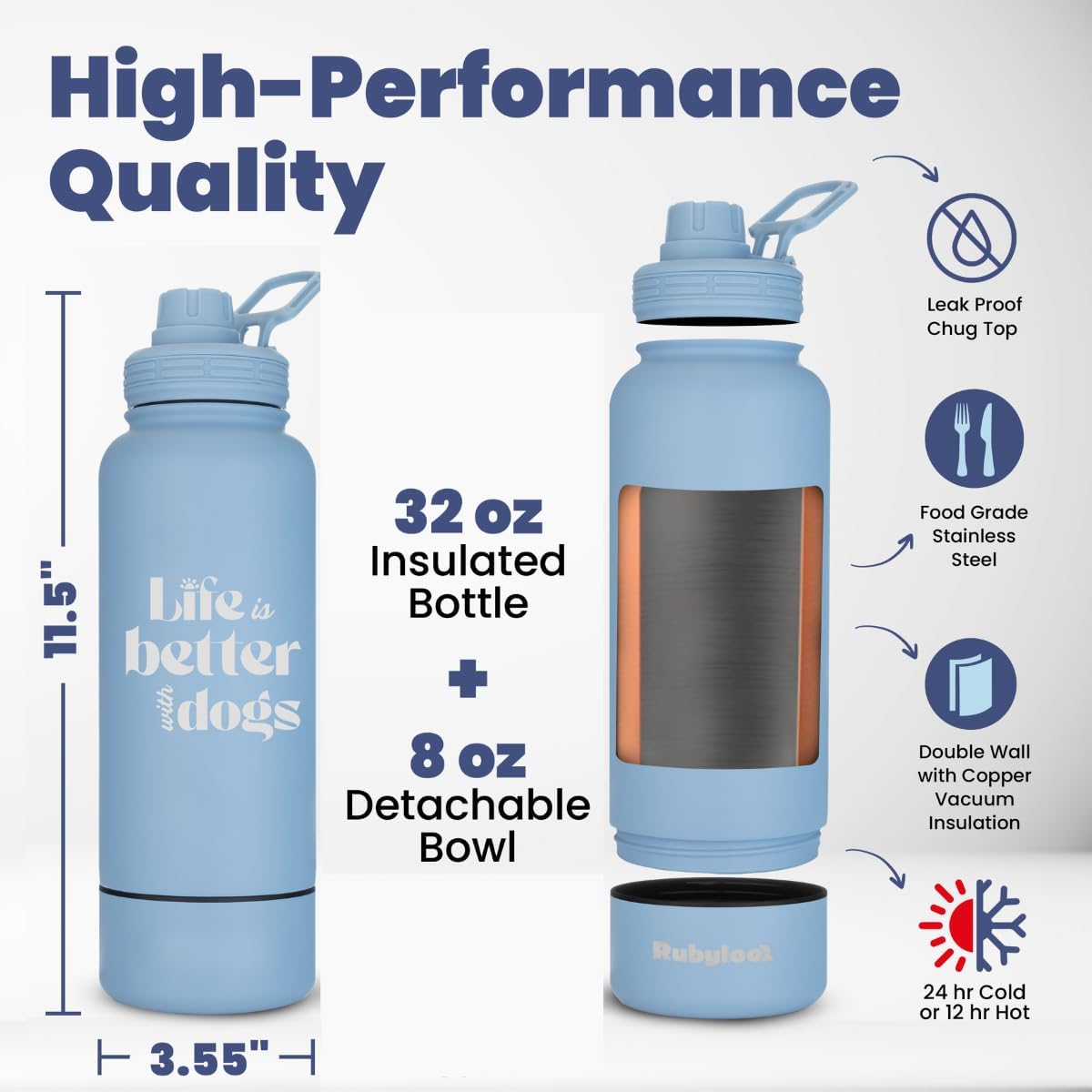 Rubyloo Dog Water Bottle w/Detachable Bowl for Dog Lovers, Life is Better | 32oz Insulated Stainless Steel Bottle, 8oz Detachable Bowl, Leak-Proof Lid, BPA-Free, Hiking, Walking, Travel, Gift