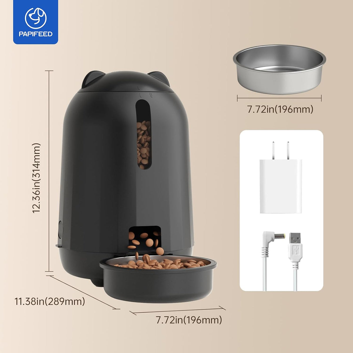 PAPIFEED Automatic Cat Feeder with App, WiFi Auto Cat Feeder, 3L Slow-Feed Cat Food Dispenser for Dry Food, Dual Power Supply Timed Pet Feeder for Small Dog, 10 Meals/Day, 6 Portions/Meal, Black