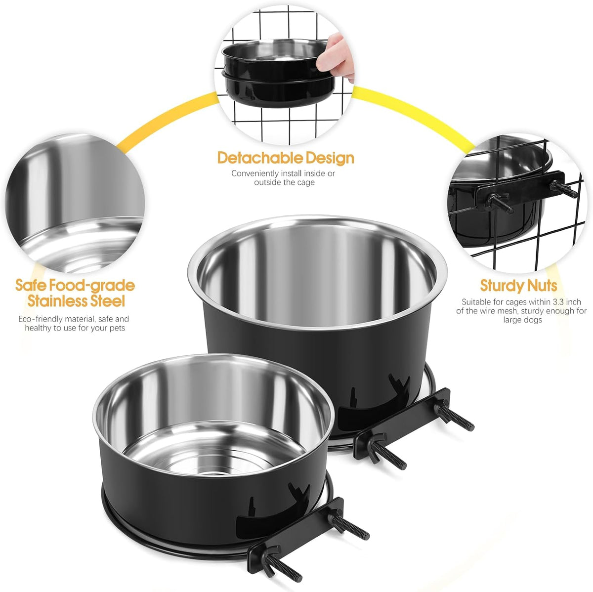 2 Pcs Stainless Steel Large Dog Crate Food Water Bowl, 77 & 45 OZ | Non-Spill, Detectable, Hanging Cage, Black Feeder Dish with Clamp Holder for Large Pets, Size 7.1x3.5'' & 6.3x2.6''