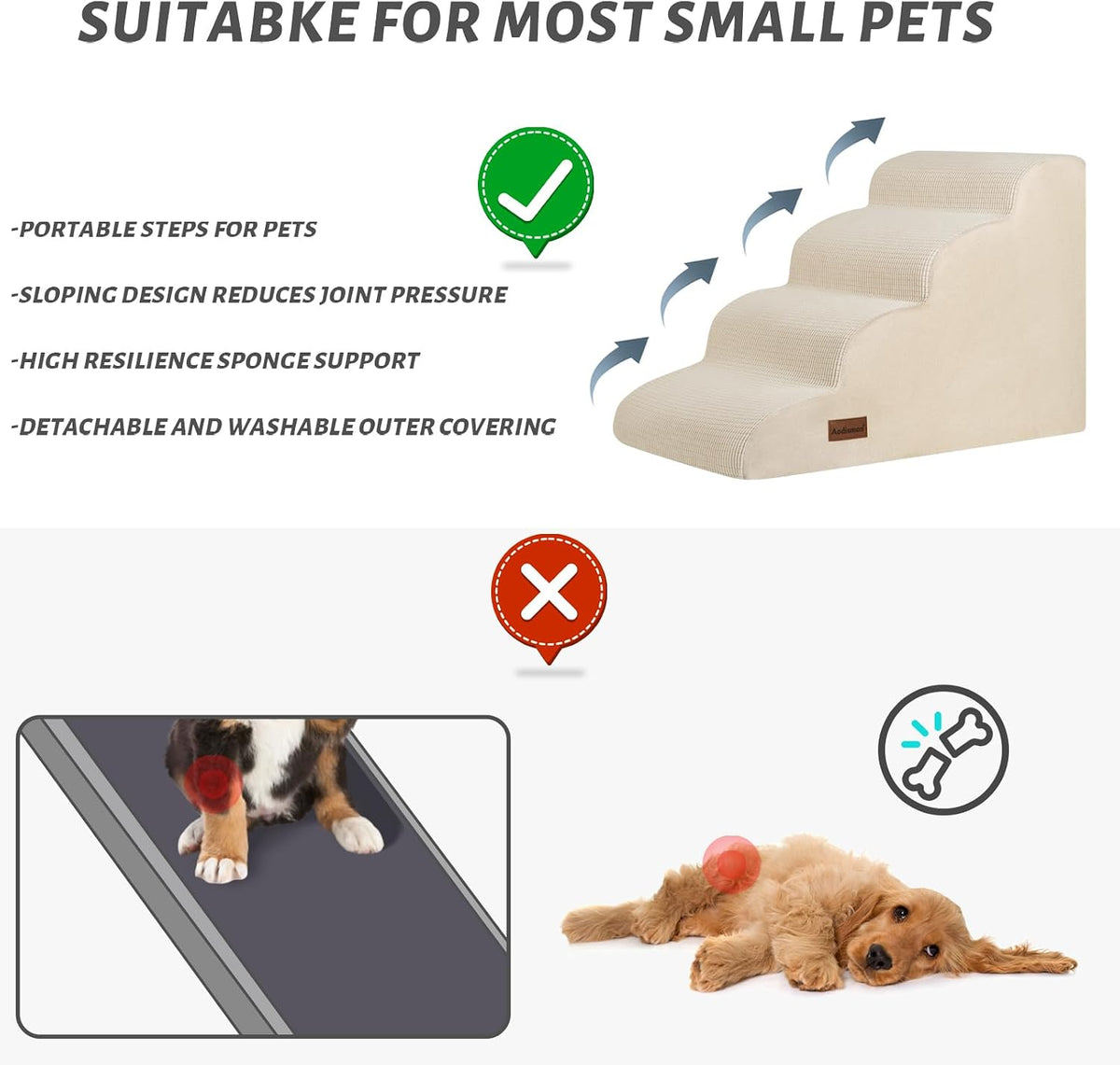 Aodisman Dog Steps for Bed or Couch,4-Step Pet Stairs Ramp for Small Dogs