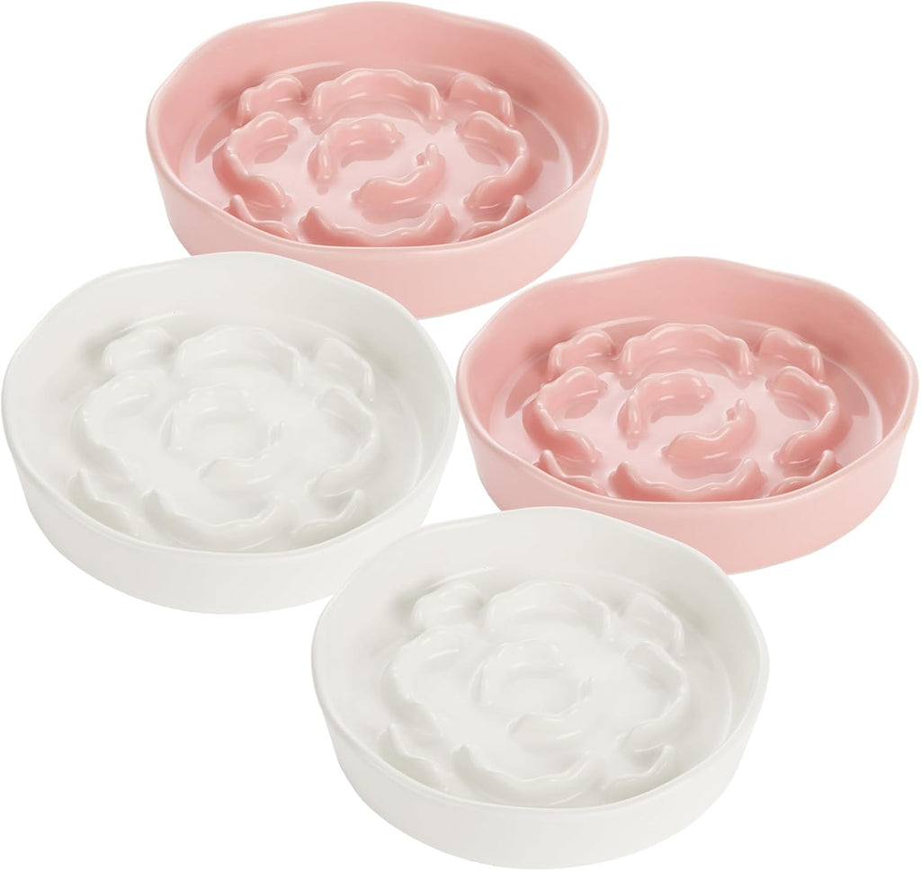 4Pcs Ceramic Cat Slow Food Feeder, 6 Inch Slow Feeder for Small Dogs, Cat Food Bowl for Dry Food and Wet Food, White and Pink