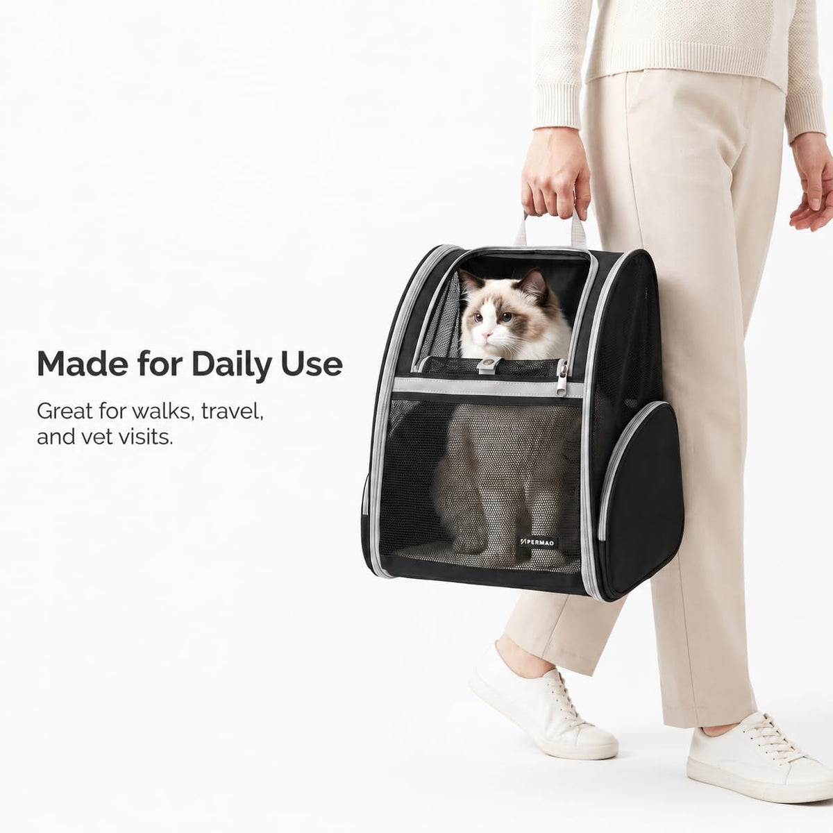 Cat Backpack Carrier for Small Dogs and Medium cat Puppy Kitten Bunny Pet Carrier Backpack Collapsible with Fully Ventilated Mesh with Safety Leash (Black, 12.9" L x 10.62" W x 15.5" H - M)