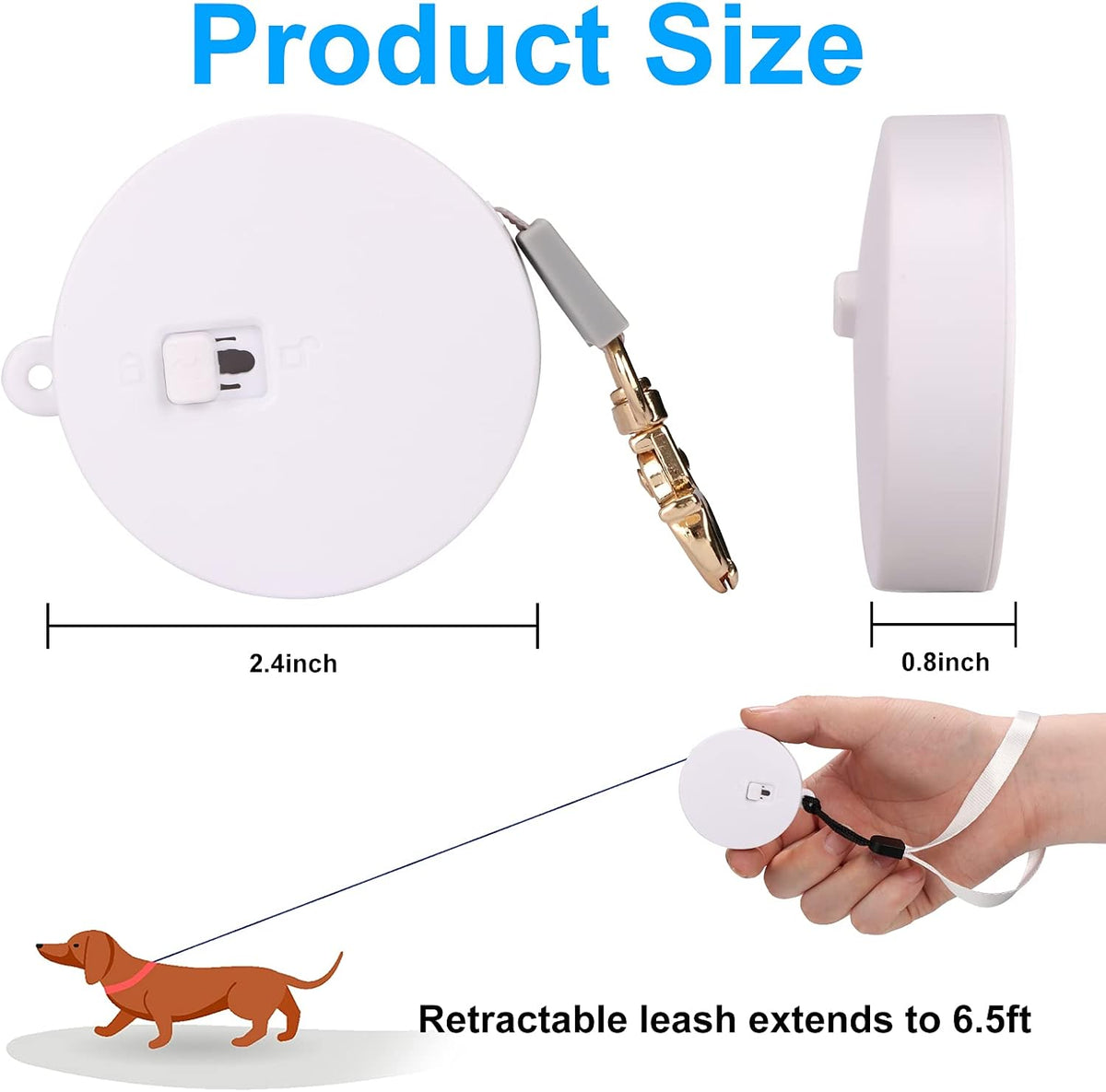 Retractable Dog Leash for Small Dogs Cats up to 11lbs with 6.5ft Anti-Pull Strong Nylon Tape, Hands Free, Mini and Portable Walking Leash with Wrist Strap, One-Hand Brake, White Round