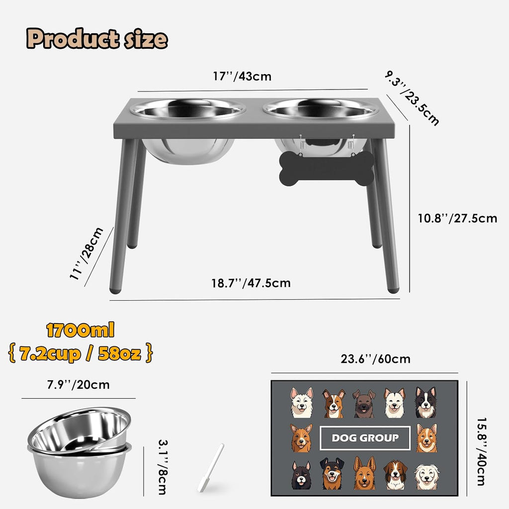 ADENGL Raised Dog Bowl Stand for Large Dogs, 10” Tall Elevated Feeder with Spill-Proof Mat, Stainless Steel 58OZ Bowls for Food & Water, Gray Color (Mat Size: 16x24”)