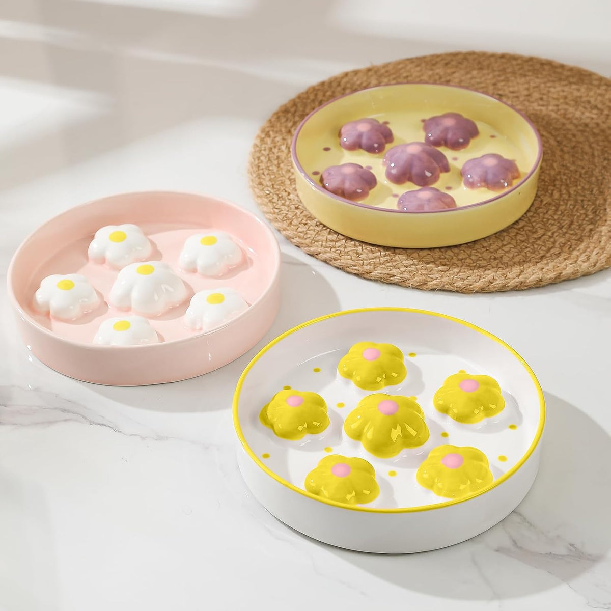 Ceramic Cat Slow Feeder Bowl - 6 OZ Puzzle Food Dish for Healthy Eating - Shallow Wide Whisker Friendly - Dishwasher Safe - 6.3''W x 1.2''H - 6 OZ - Yellow Flowers