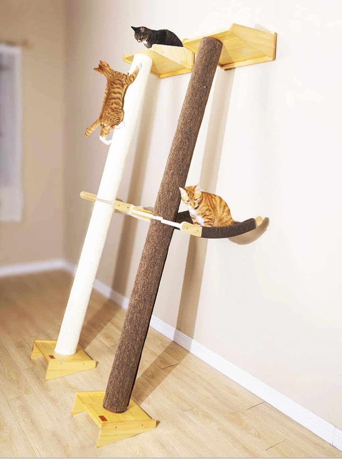 Modern 78.7“ Tall Leaning Wall Sisal Cat Tree Tower Scratching Post Pillar at 70 Degree Angle with Bed Hammock Perch, Cat Climbing Pole for Window (Sisal Cover)