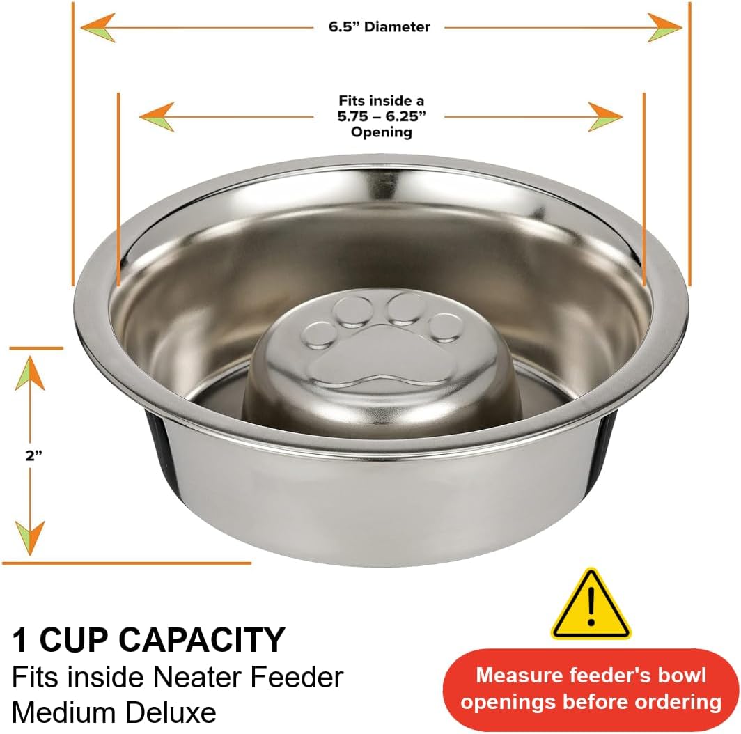Neater Pet Brands Stainless Steel Slow Feed Dog Bowl for Fast Eating Medium Breed, Metal Slow Feeder Dog Bowl Fits in Medium Neater Feeder Deluxe, for Puppy or Dogs (19-40 lbs), 1 Cup Food Capacity 