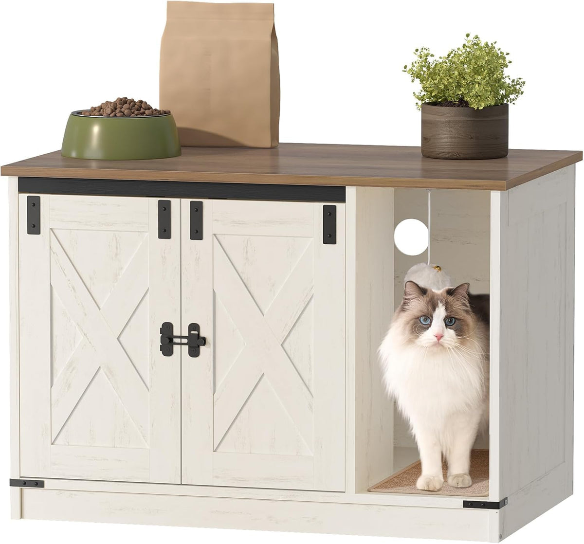 Hzuaneri Cat Litter Box Enclosure, Hidden Litter Box Cabinet Furniture | Indoor Cat House with Bell, Farmhouse Style, 31.5 x 19.7 x 20.9 Inches, for Hallway, Bedroom, Rustic Brown and White CB82414X