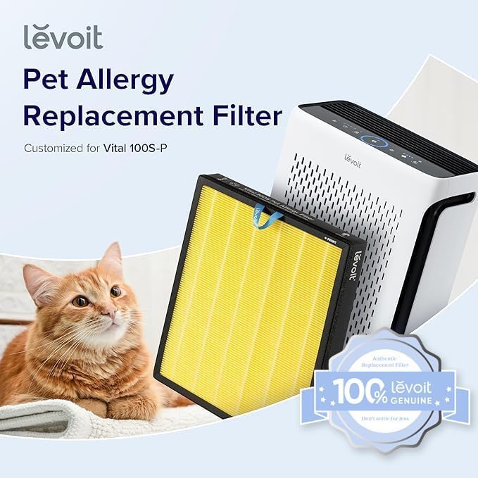 Levoit Vital 100S-P Air Purifier Pet Allergy Replacement Filter, 1 Pack Genuine Filter, Supports HEPA Sleep Mode, Activated Carbon, Removes Pet Dander, Smoke, Allergens, Vital 100S-RF-PA, Yellow