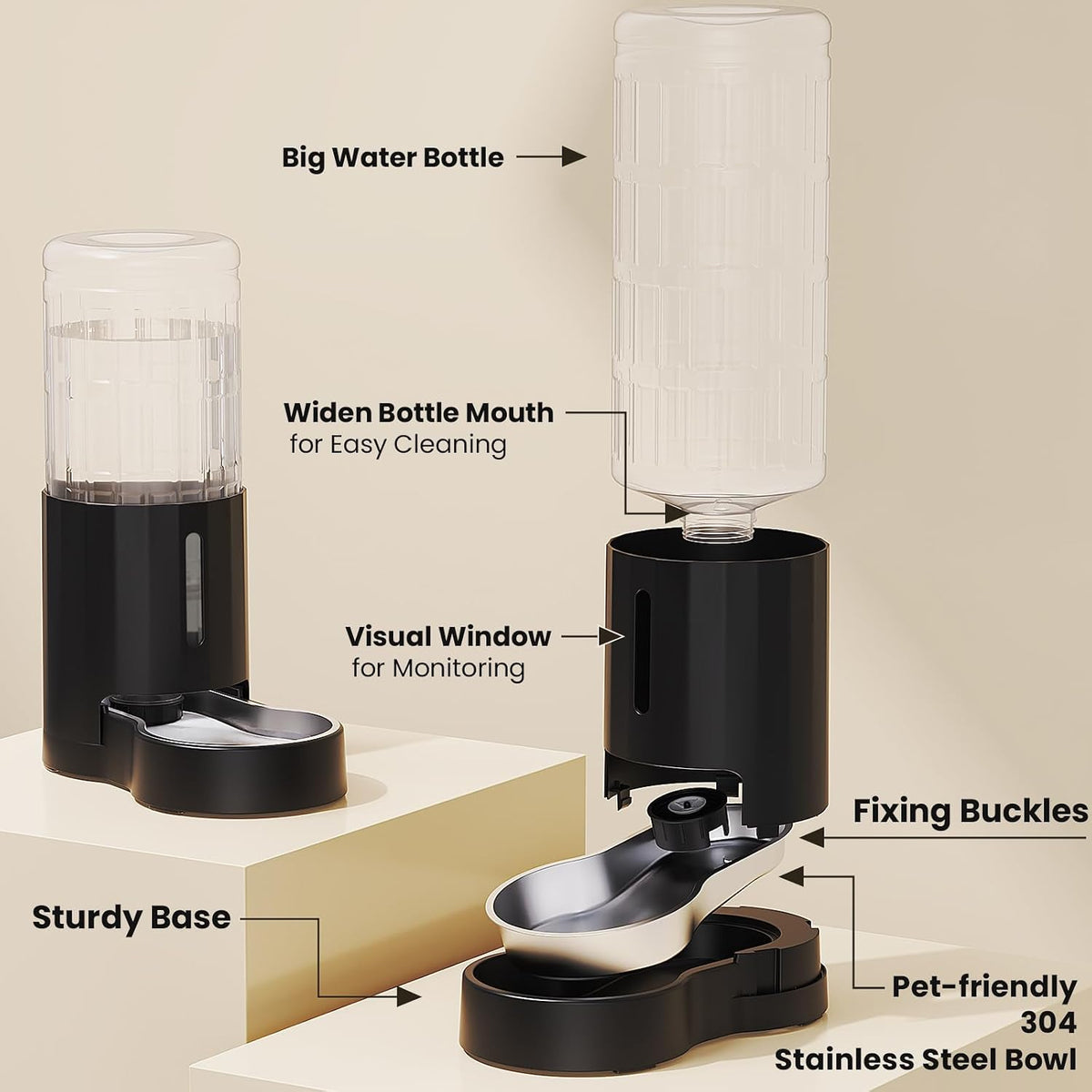CZPET Dog Water Dispenser, Widen Mouth Gravity Refilling (9.5L, Black)