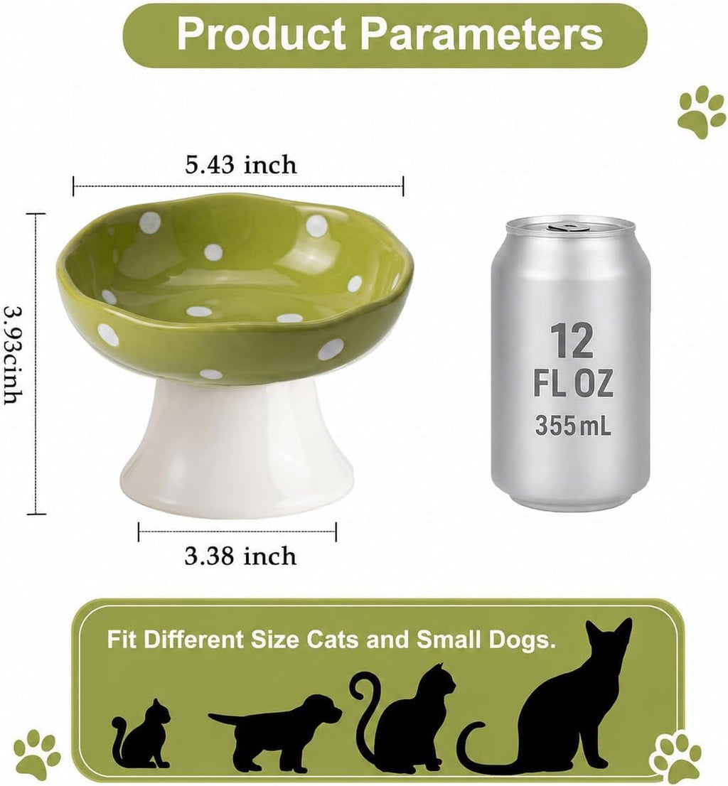 Mushroom Cat Bowl, Elevated Ceramic Cat Bowl, Avocado Green | Cute Mushroom Design • Avocado Green • Elevated Feeding • Whisker Friendly • Smooth Ceramic
