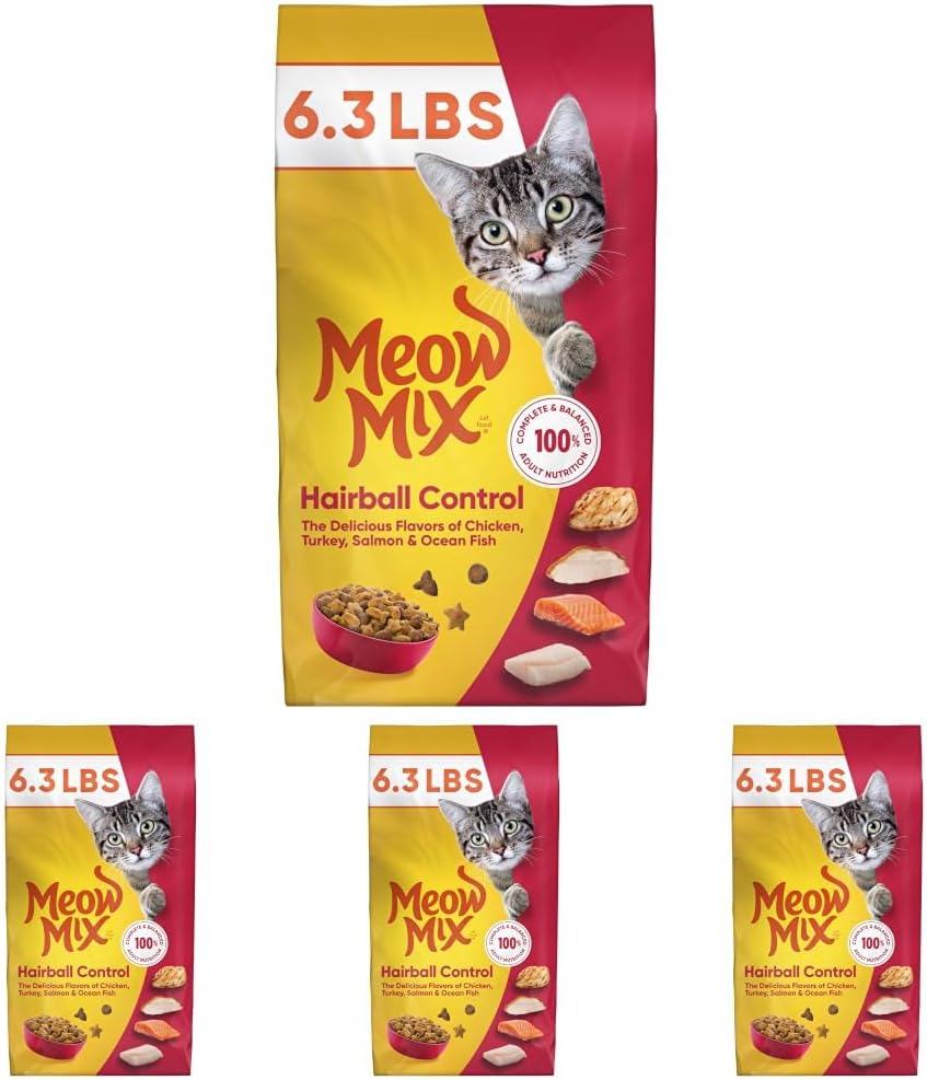 Meow Mix Hairball Control Dry Cat Food Bag, 6.3 Pound (Pack of 4)