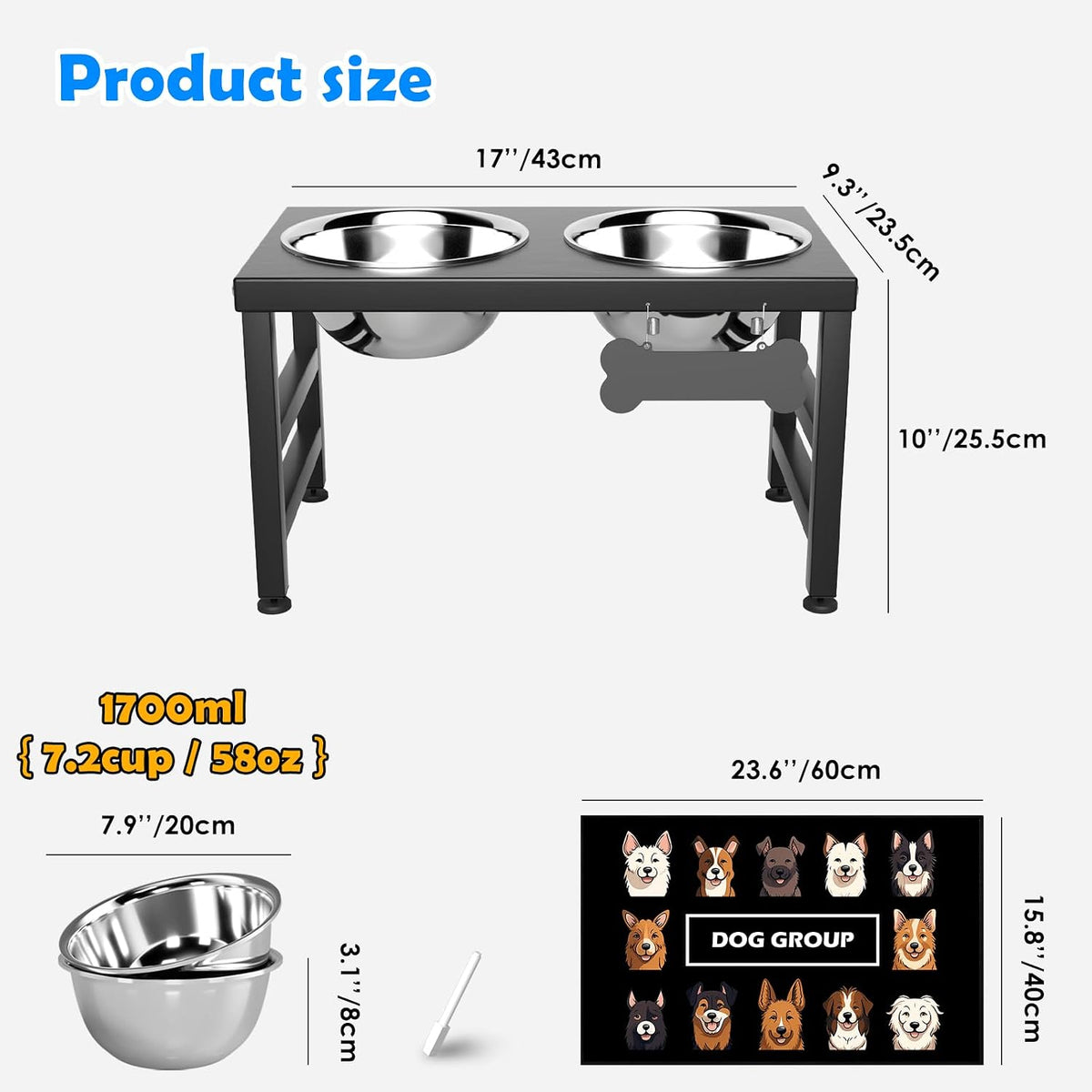 ADENGL Elevated Dog Bowls, 10" Tall Height, Raised Bowl Stand with 2 Stainless Steel Food Feeder Bowls (58oz) and Spill-Proof Mat for Medium Large and Small Breeds